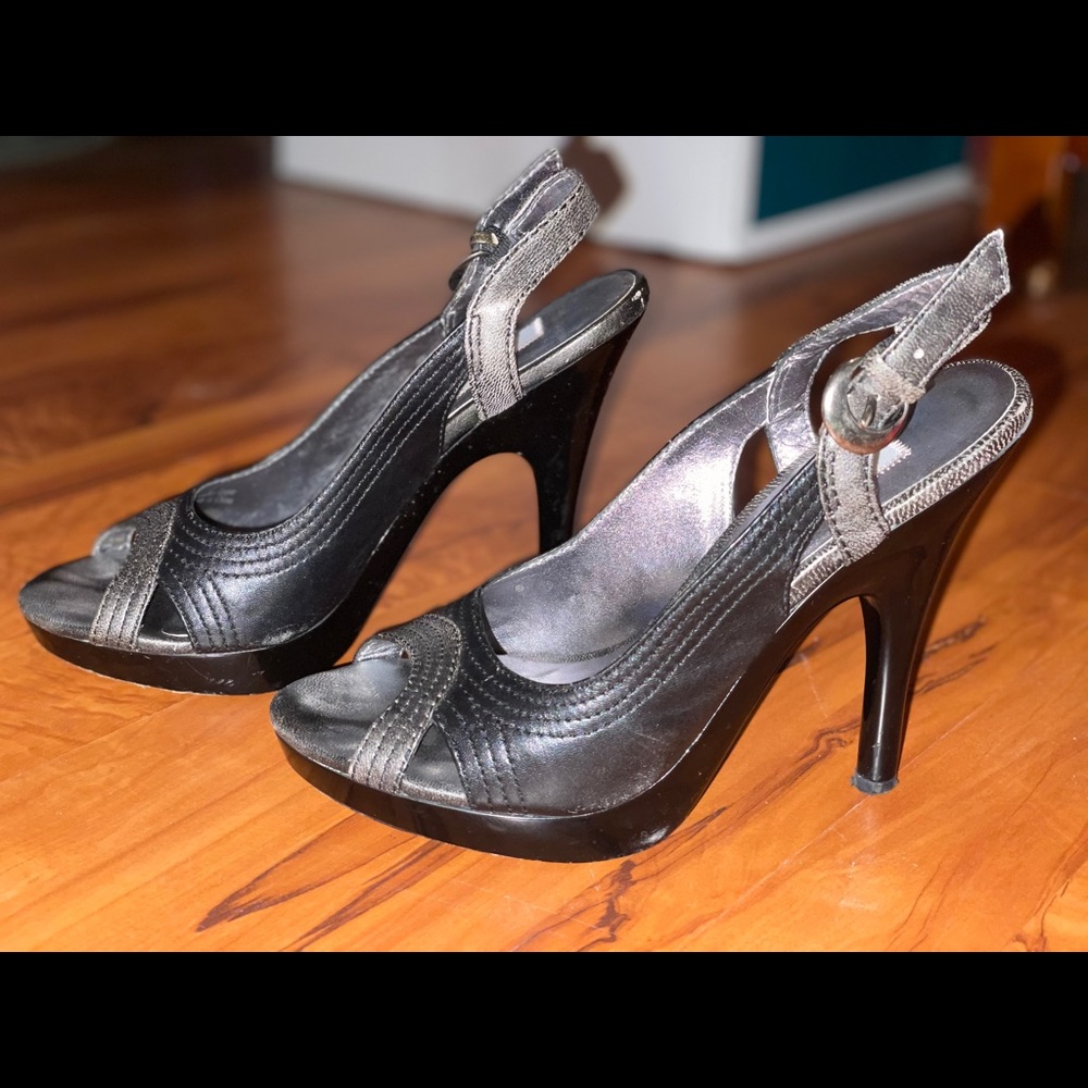 JLo metallic peep toe heel